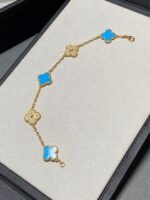 [Eternal Jewelry]CLOVER 5 MOTIF BLUE CHALCEDONY DIAMOND GOLD BRACELET - 图片 5